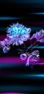 Neon floral wallpaper with glowing flowers on a dark gradient background.