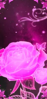 Neon pink rose and butterfly wallpaper