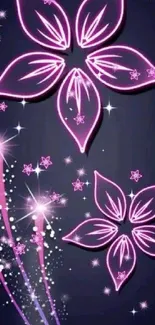 Neon pink floral design on a dark background with stars.