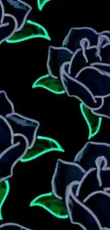 Neon blue roses on a black background with green leaves.