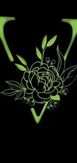 Neon green floral monogram on black wallpaper.