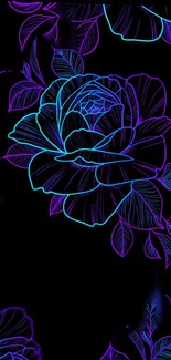 Neon floral wallpaper with blue and purple on a black background.