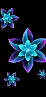 Vibrant neon floral phone wallpaper with glowing blue and purple flowers on black background.