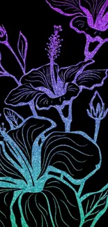 Neon floral wallpaper with glowing outlines on a black background.