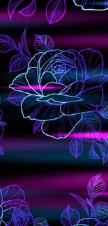 Neon floral wallpaper with glowing outlines on a black background.