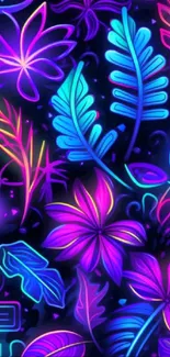 Neon floral wallpaper with vibrant purples and blues in a tropical design.