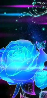 Neon blue roses and butterfly on dark starry background.