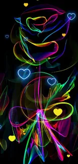 Colorful neon flower design on a black background.