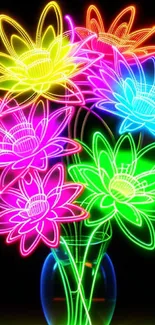 Vibrant neon flowers glowing on a black background.