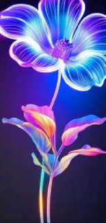 Neon flower with glowing petals on dark background.