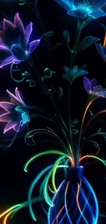 Neon floral wallpaper with glowing colorful flowers in a dark setting.