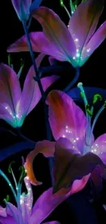 Neon glowing flowers in vibrant colors on a dark background.