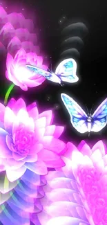 Neon floral wallpaper with butterflies on a dark background.