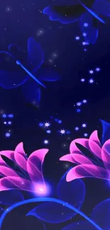 Neon flowers and butterflies on deep blue background.