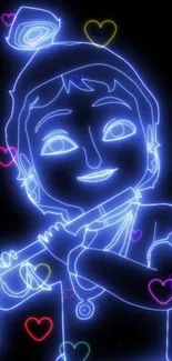 Neon art of a flute-playing character, glowing against a black background with hearts.