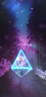 Neon triangle in a cosmic forest with purple and blue hues.