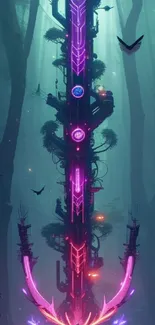 Neon-lit futuristic forest with digital art design for mobile wallpaper.