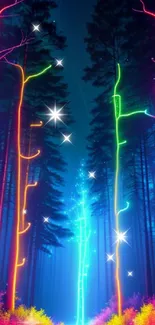 Colorful neon forest with glowing trees on a mobile wallpaper.