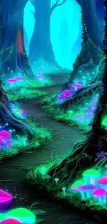 Magical neon forest with luminous mushrooms and enchanting trees.