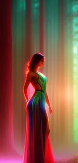 Woman in neon forest with vibrant dress, glowing art scene.