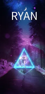 Neon triangle with mystical forest and cosmic sky wallpaper.