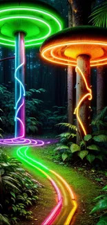 Vibrant neon mushrooms glowing in a lush forest at night.