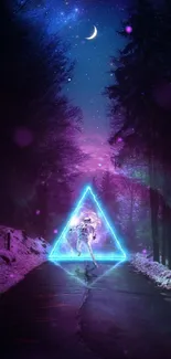 Mystical neon triangle in a dark, starry forest landscape.