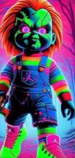 Neon colored creepy character in a dark forest setting, vibrant and eerie design.