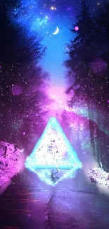 Neon triangle glowing in a cosmic forest pathway, merging colors of blue and purple.