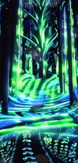 Neon forest wallpaper with green and blue hues, abstract design.