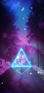 Neon forest with glowing triangle and astronaut under starry sky.