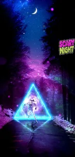 Neon forest nightscape with glowing triangle and cosmic sky.