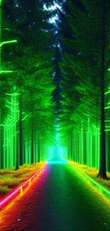 Vibrant neon forest pathway with glowing trees and colorful lights.