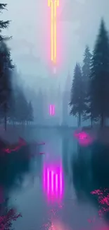 Neon forest reflected in tranquil lake.