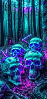 Vibrant neon blue skulls in a mystical forest scenery.