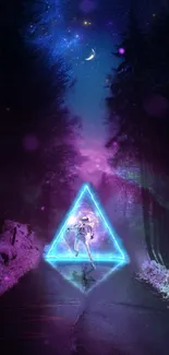 Neon triangle in mystical forest under cosmic night sky.