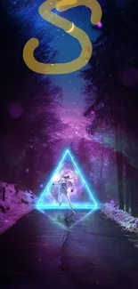 Colorful neon forest scene with glowing triangle and cosmic sky.