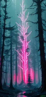 Neon forest with pink glowing trees creating a surreal atmosphere.