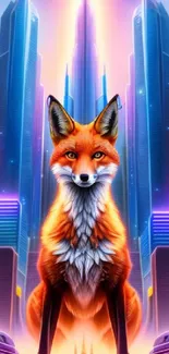 Neon fox sitting in futuristic cityscape with glowing towers.