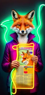 Neon fox holding a newspaper in vibrant street art style.