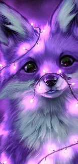 Illustrated fox wrapped in glowing pink lights with a vibrant purple hue.