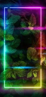 Neon frame with green leafy background, vibrant mobile wallpaper.