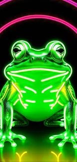 Neon green frog with pink arcs, vibrant phone wallpaper.