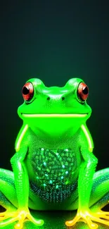 Neon green frog with glowing features on dark background, vibrant art.