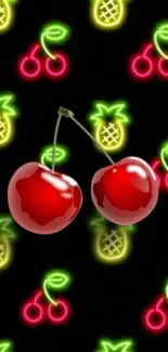 Vibrant neon fruit wallpaper with cherries and pineapples.