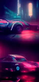 Neon pink futuristic car in cityscape, digital art.