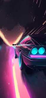 Futuristic car in neon colors racing into a vibrant, glowing tunnel.