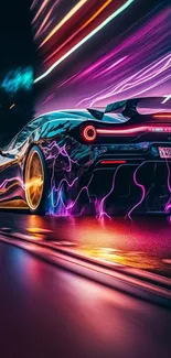 Neon futuristic car speeding at night in vivid colors.