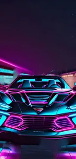 Futuristic neon car with purple and blue hues in a dynamic design.