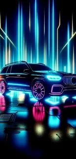 Neon futuristic car with vibrant lights on digital grid.